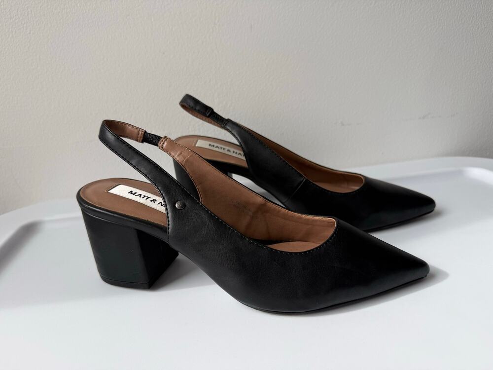 Matt & Nat IMAN Vegan Chunky Heel Point Toe Slingback Shoes Black Boho Chic US 5